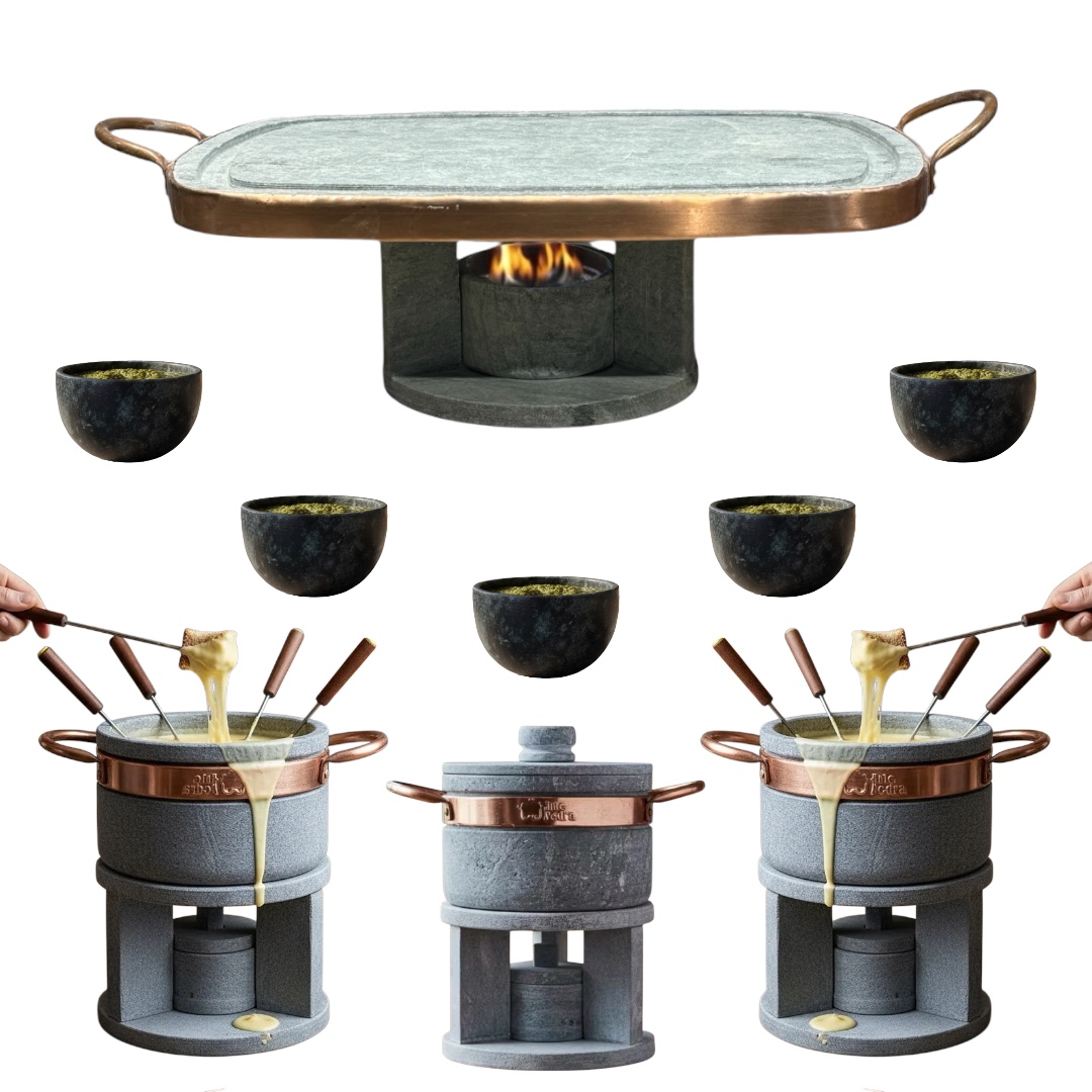 Fondue retangular + 3 Fondues 800ml + 6 Molheiras ramekins